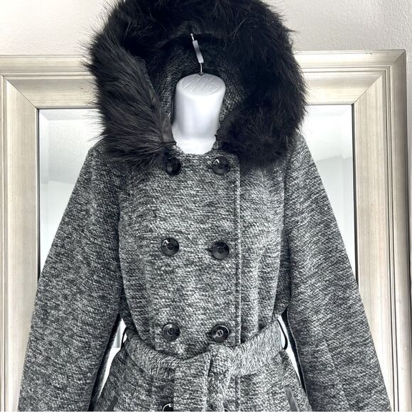 ESTABLISHED 1962 CB Black & White BELTED Hooded COAT Fur Trim Size M. - Picture 2 of 11